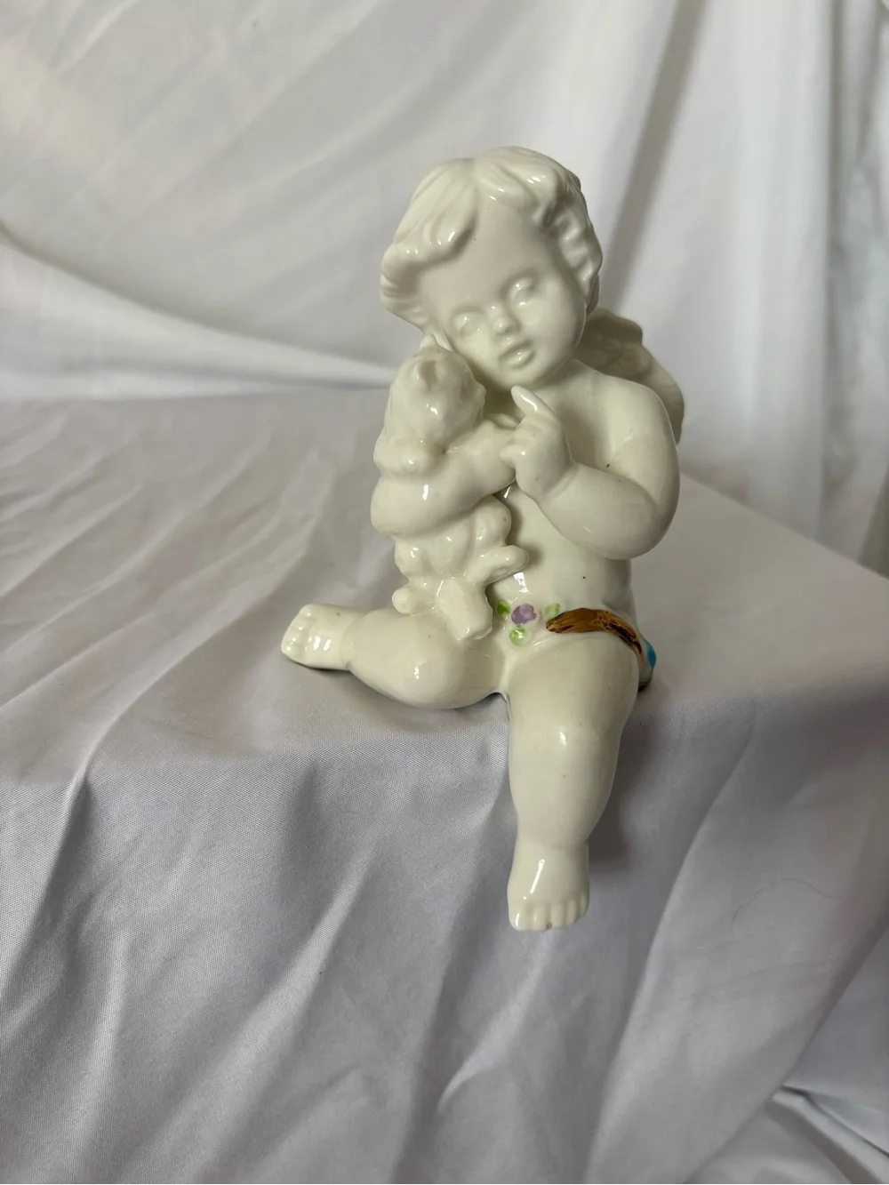 Vintage white ceramic angel cherub holding cat home decor shelf sitting holiday